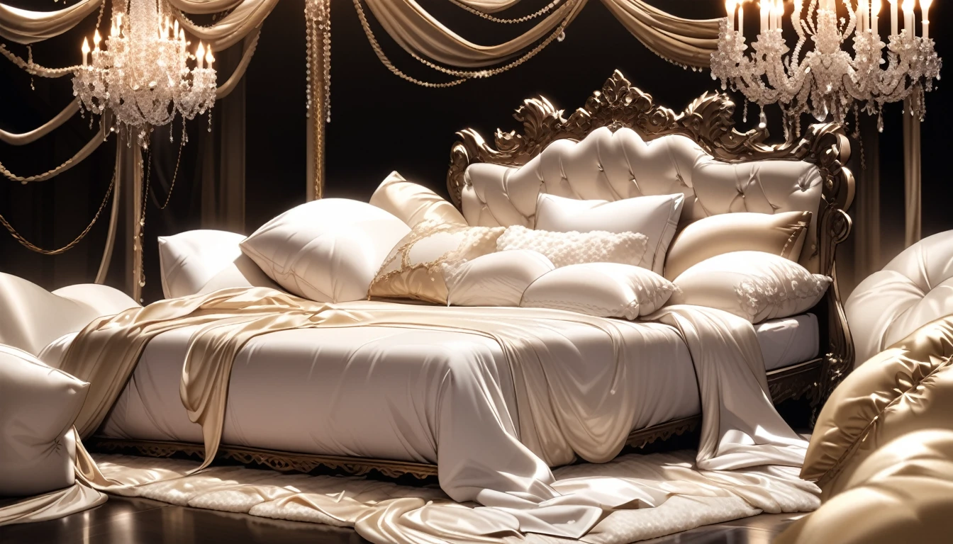 Lots of giant silk pillows. Luxurious and fluffy silk bed. White chocolate sauce splattered