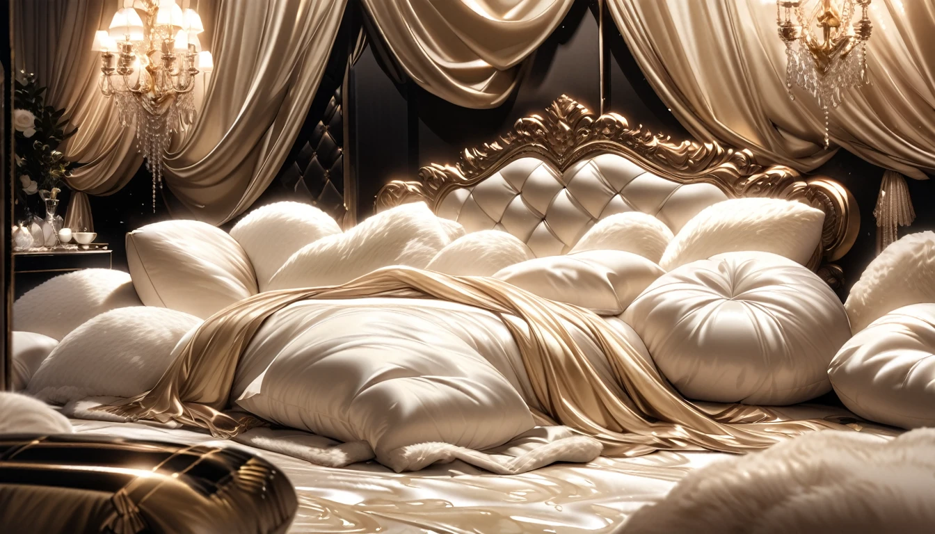 Lots of giant silk pillows. Luxurious and fluffy silk bed. White chocolate sauce splattered