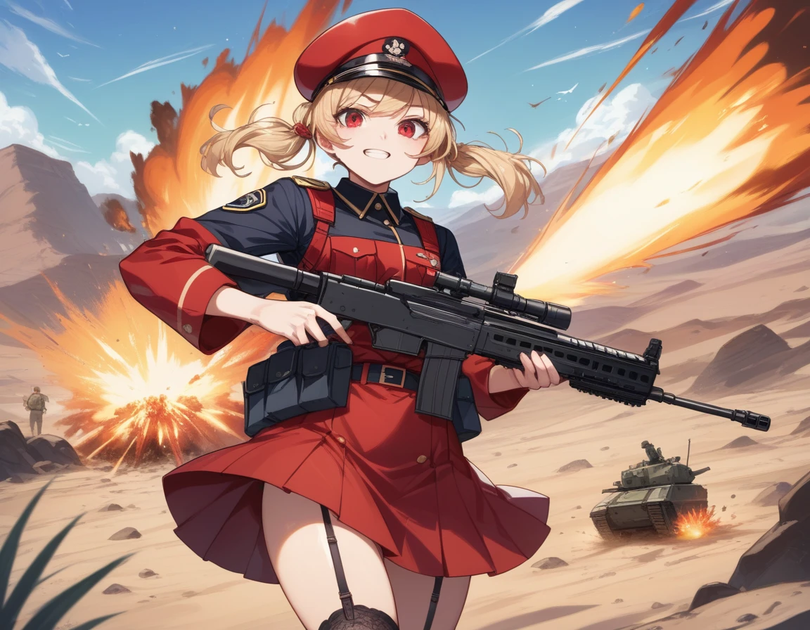 Small breasts、A platoon of girls in bright red military uniforms and long red skirts、Red military uniform and red long skirt、Panty shot、Cute snow-white underwear、garter belt、A pair of girl platoon leaders and soldiers equipped with two assault rifles、desert、Black powder explosion on the ground behind、Big Explosion、A big uproar、Destroy a Tank