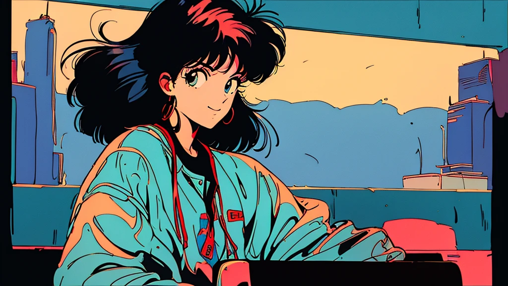 the 90s,City Pop,Retro Pop,Bob Hair,play the guitar,The background is in the room,1 person,smile