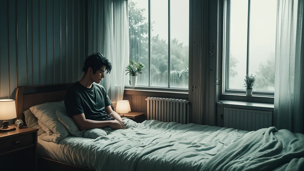 supper:
A young and vibrant character, with typical 80s anime characteristics, is lying in his bed, listening to music on your headphones. He seems calm and immersed in the melody. The room is cozy, with retro style decor from the 80s.
scenario:
A large glass window at the back of the room shows an external scene of intense rain. Raindrops run down the window, creating a melancholic and nostalgic effect. The lighting inside the room is soft, with diffused lights that highlight the contrast between the cozy indoor environment and the rainy weather outside.
Atmosphere and Visual Style:
