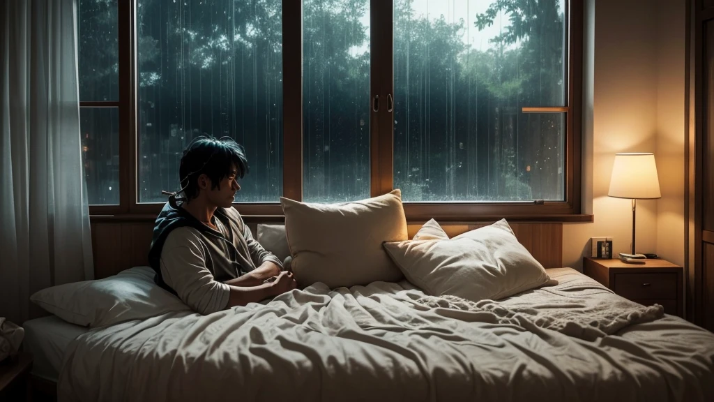 supper:
A young and vibrant character, with typical 80s anime characteristics, is lying in his bed, listening to music on your headphones. He seems calm and immersed in the melody. The room is cozy, with retro style decor from the 80s.

scenario:
A large glass window at the back of the room shows an external scene of intense rain. Raindrops run down the window, creating a melancholic and nostalgic effect. The lighting inside the room is soft, with diffused lights that highlight the contrast between the cozy indoor environment and the rainy weather outside.

Atmosphere and Visual Style: