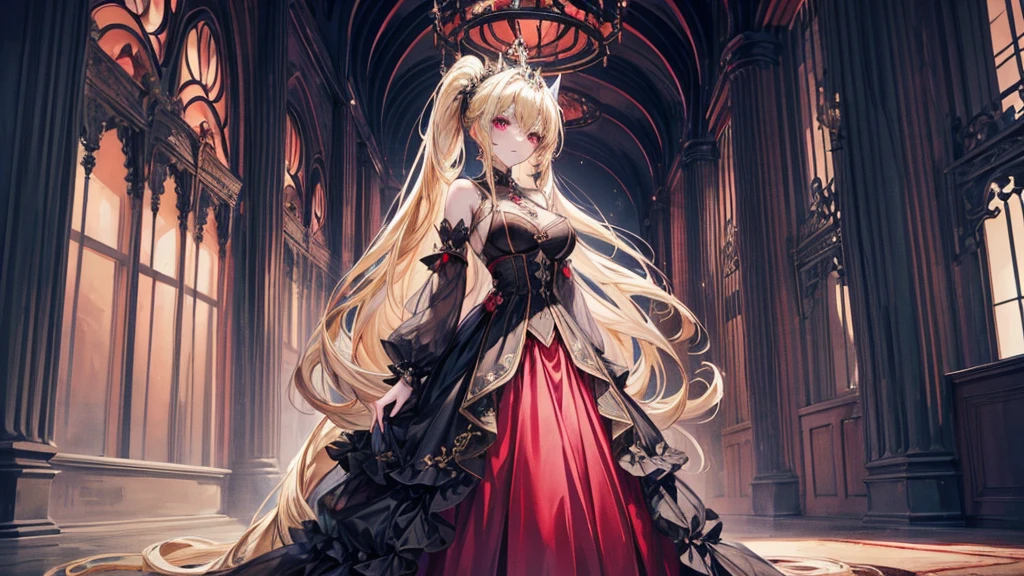 An anime-style princess with long, flowing blonde hair in a ponytail, standing gracefully inside a grand, dimly lit castle. She is wearing an elegant, Gothic-style dress with intricate details and dark colors. The princess has soft, pale red eyes and a sly, mischievous smile on her face, showing her defiance and strength. Through the tall, arched windows with heavy drapes, a red full moon can be seen, adding a mysterious and eerie atmosphere. The background features ancient stone walls and opulent decorations that exude a sense of eerie elegance and timeless royalty.
