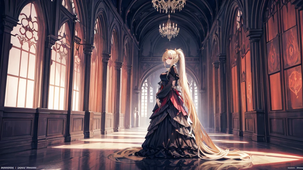 An anime-style princess with long, flowing blonde hair in a ponytail, standing gracefully inside a grand, dimly lit castle. She is wearing an elegant, Gothic-style dress with intricate details and dark colors. The princess has soft, pale red eyes and a sly, mischievous smile on her face, showing her defiance and strength. Through the tall, arched windows with heavy drapes, a red full moon can be seen, adding a mysterious and eerie atmosphere. The background features ancient stone walls and opulent decorations that exude a sense of eerie elegance and timeless royalty.