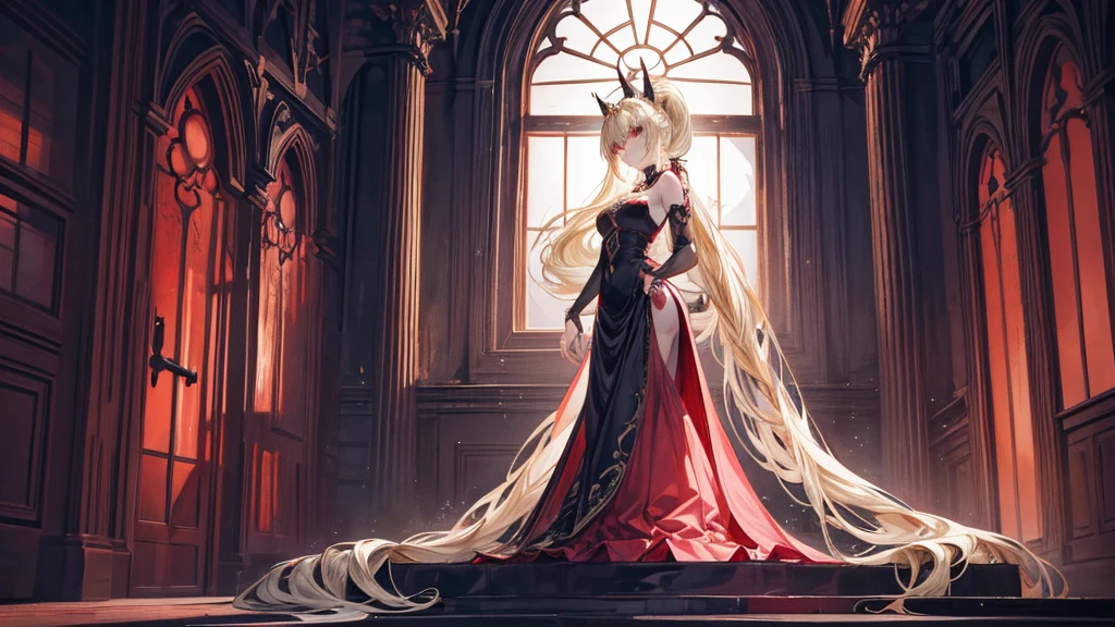 An anime-style princess with long, flowing blonde hair in a ponytail, standing gracefully inside a grand, dimly lit castle. She is wearing an elegant, Gothic-style dress with intricate details and dark colors. The princess has soft, pale red eyes and a sly, mischievous smile on her face, showing her defiance and strength. Through the tall, arched windows with heavy drapes, a red full moon can be seen, adding a mysterious and eerie atmosphere. The background features ancient stone walls and opulent decorations that exude a sense of eerie elegance and timeless royalty.