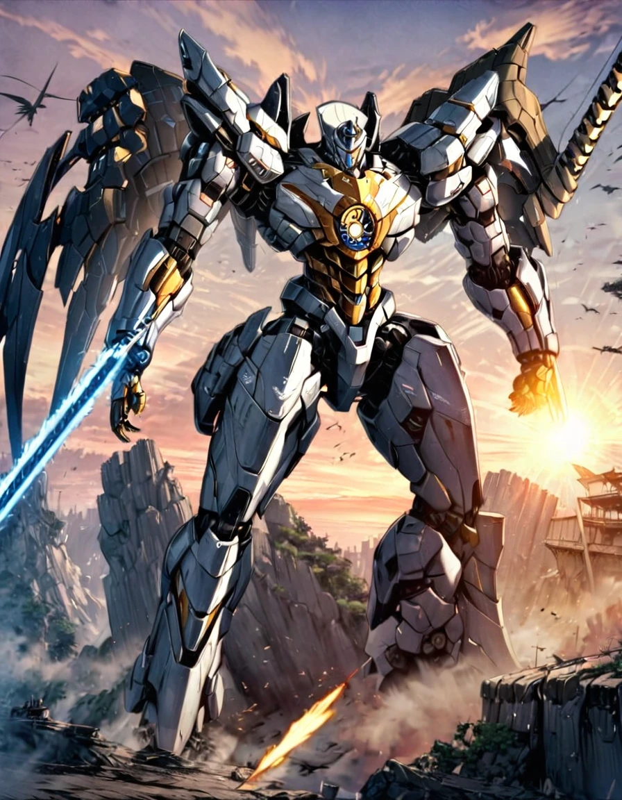 Full body image of King Arthur's personal mech named Excalibur, Excalibur if it were a giant robot, Mecha, Regal Knight aesthetic, white and gold armor with a Scarlett cape billowing in the wind, standing on a cliffside overlooking a fantasy version of Camelot, sunrise in the background, stunning visuals

Holding an energy sword