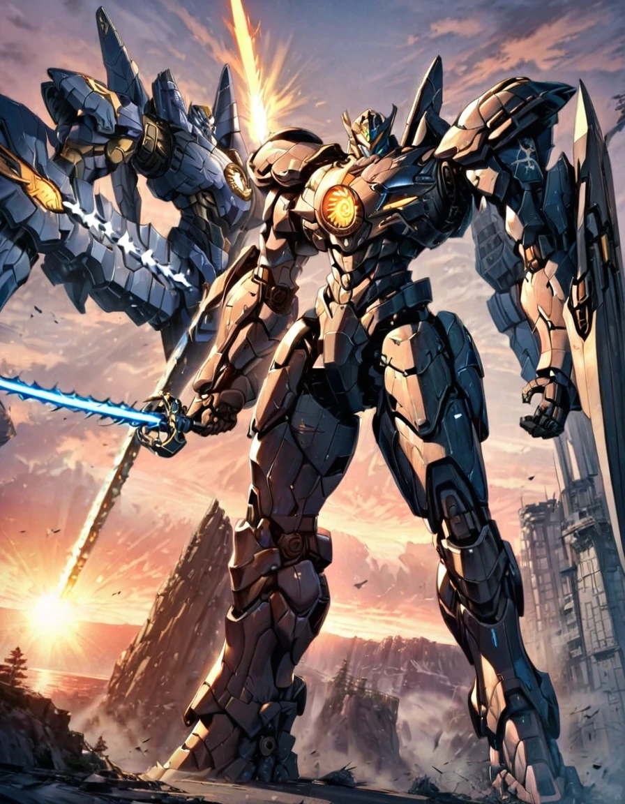 Full body image of King Arthur's personal mech named Excalibur, Excalibur if it were a giant robot, Mecha, Regal Knight aesthetic, white and gold armor with a Scarlett cape billowing in the wind, standing on a cliffside overlooking a fantasy version of Camelot, sunrise in the background, stunning visuals

Holding an energy sword