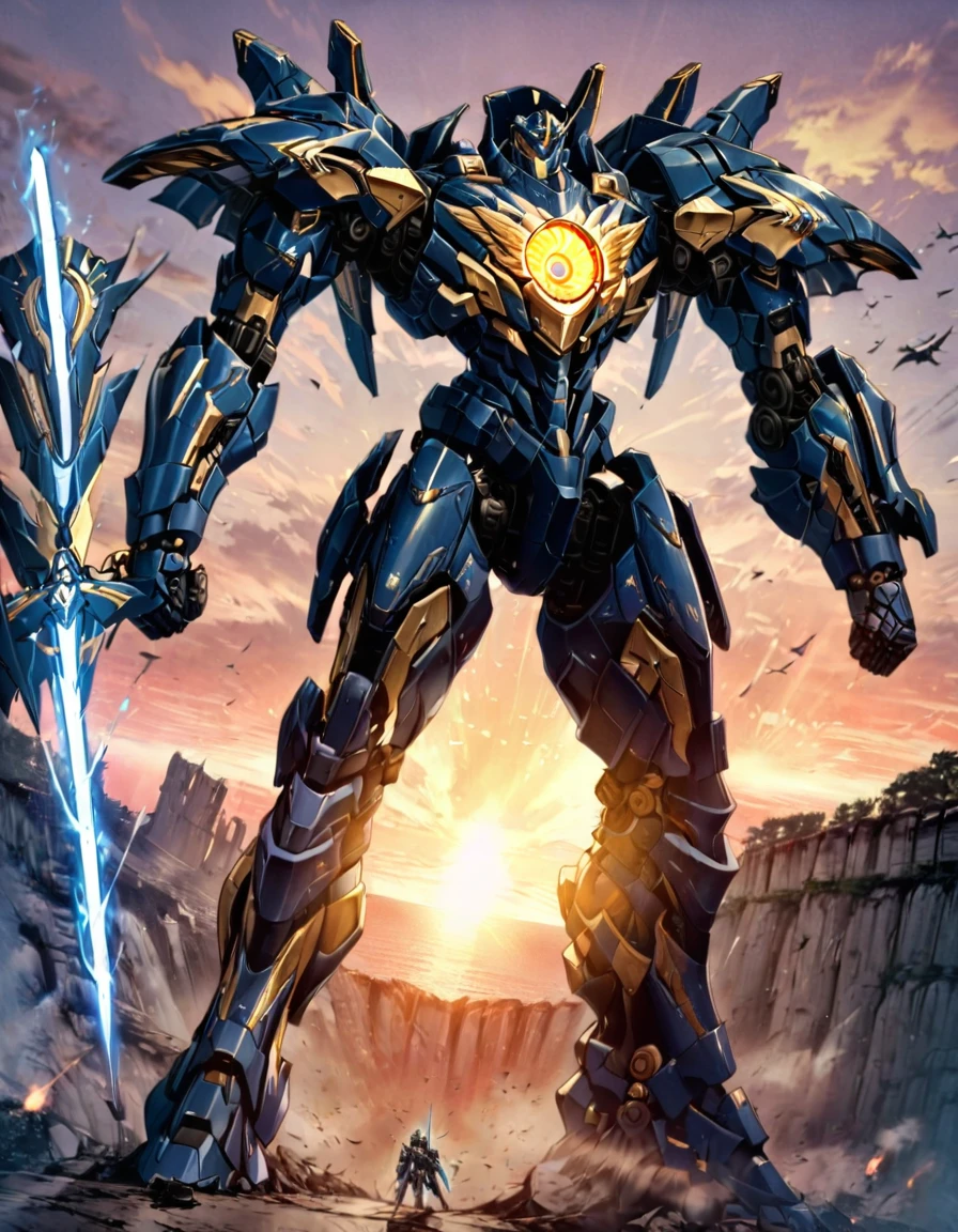 Full body image of King Arthur's personal mech named Excalibur, Excalibur if it were a giant robot, Mecha, Regal Knight aesthetic, white and gold armor with a Scarlett cape billowing in the wind, standing on a cliffside overlooking a fantasy version of Camelot, sunrise in the background, stunning visuals

Holding an energy sword