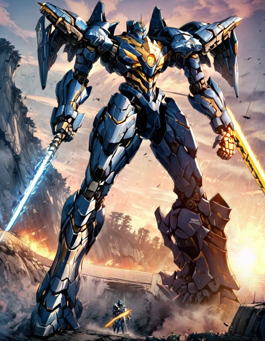 Full body image of King Arthur's personal mech named Excalibur, Excalibur if it were a giant robot, Mecha, Regal Knight aesthetic, white and gold armor with a Scarlett cape billowing in the wind, standing on a cliffside overlooking a fantasy version of Camelot, sunrise in the background, stunning visuals

Holding an energy sword