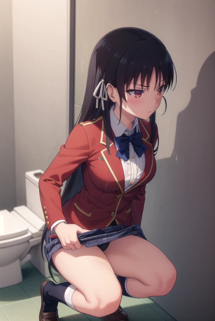 nsfw,suzune horikita,toilet,toiletに座る全身を映す,front,from the front,uniform,Red blazer,Hair ribbon, black knee-high socks,pull down pantie,(looking away)