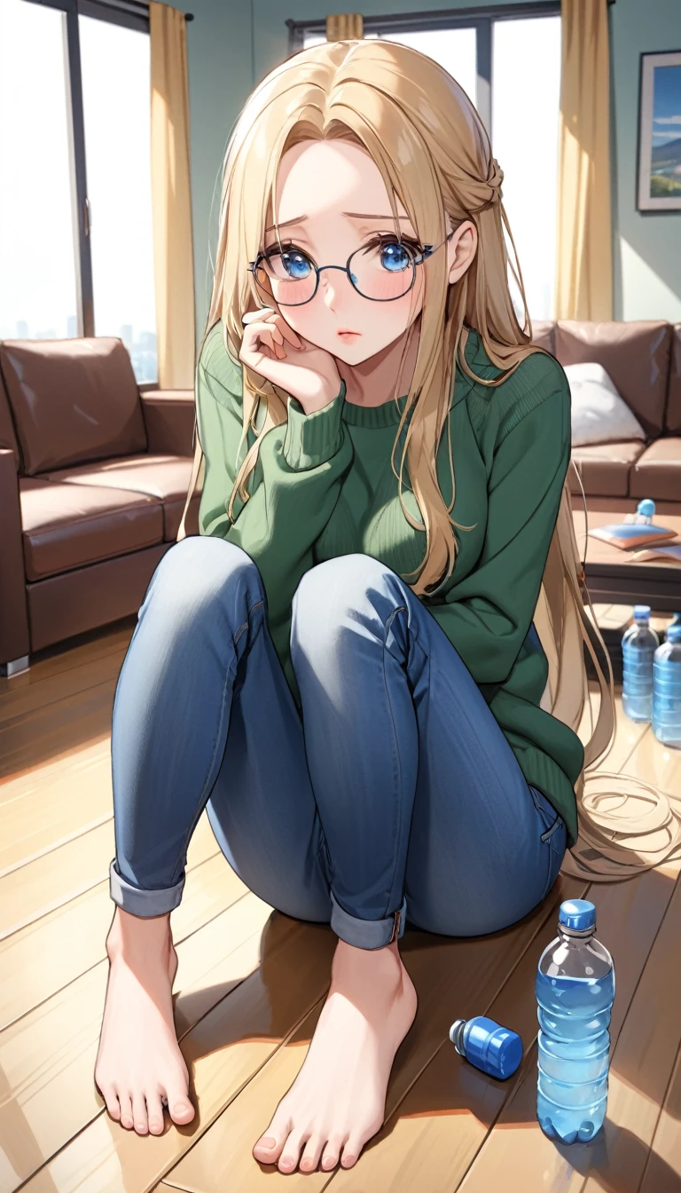 ((best quality, masterpiece:1.3, 8K)), (detailed), highly detailed face and skin texture, detailed eyes, (seductive pose:1.1), living room, window, drinking a bottle of water, full body, (slender body:1.1), 1girl, 25 years old, white skin, blue eyes, reading glasses, bright lips, seductive smile, blonde hair, straight hair, long hair, (forehead:1.0), green sweater, jeans pants, skinny jeans, blue jeans, barefoot, 