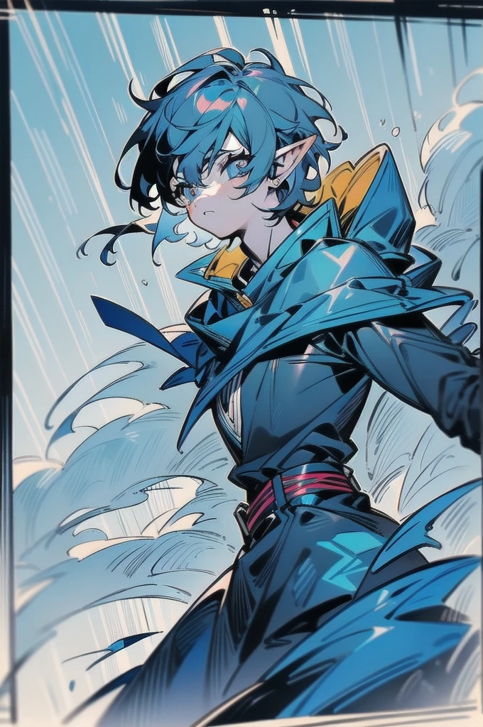 male, Reference design, (fantasy character design, front corner, back corner) Wear dark clothing blue and black、sloppy looking person, humble clothes, Suitable for clandestine activities. Nervous eyes glanced around, Showing tension and uneasiness after failure. Lean body shape suggests agility of movement. (masterpiece:1.2), (best quality:1.3) Elf, long sleeve, concept art, Goro AKECHI (PERSONA5)