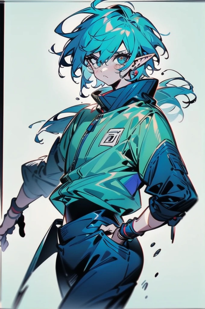 male, Reference design, (fantasy character design, front corner, back corner) Wear dark clothing blue and black、sloppy looking person, humble clothes, Suitable for clandestine activities. Nervous eyes glanced around, Showing tension and uneasiness after failure. Lean body shape suggests agility of movement. (masterpiece:1.2), (best quality:1.3) Elf, long sleeve, concept art, Goro AKECHI (PERSONA5)