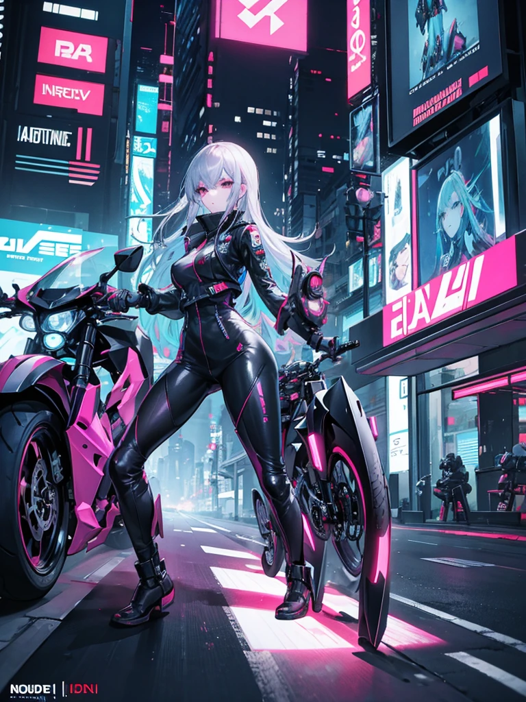Cyberpunk: A slender girl is driving a futuristic motorcycle, racing through a neon city and firing a gun.