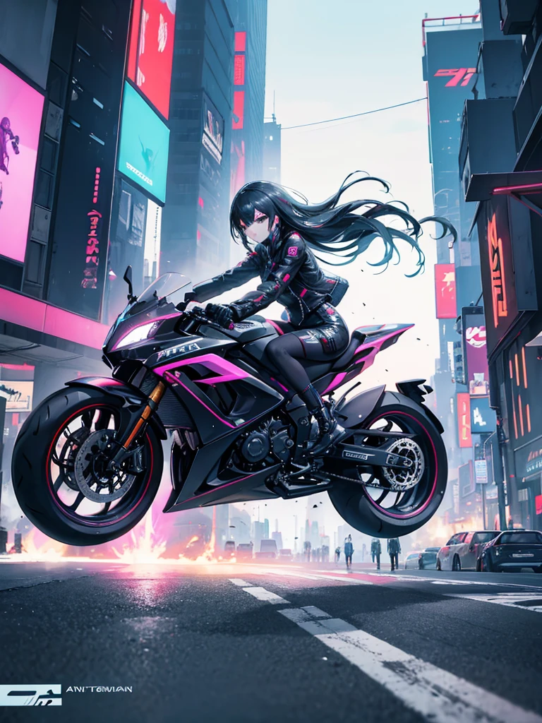 Cyberpunk: A slender girl is driving a futuristic motorcycle, racing through a neon city and firing a gun.