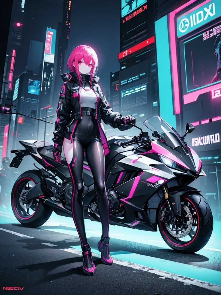 Cyberpunk: A slender girl is driving a futuristic motorcycle, racing through a neon city and firing a gun.