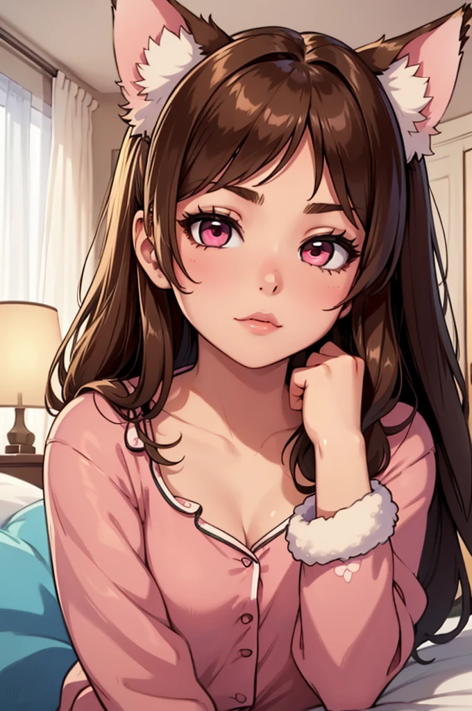 ((masterpiece)), ((detailed, high quality)), girl, cute face:1.2, soft brown hair, super straight hair, ((puppy ears down, floppy ears)), pink eyes, ((brown pajamas)), bedroom, close-up, cute pose, very long hair, fluffy bangs