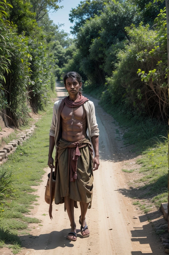  "An Indian water carrier walking along a dirt path, balancing two large pots on a wooden pole across his shoulders, 