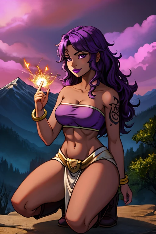 (best quality:1.3), (4K quality),masterpiece, best quality, high res, detailed, (Detailed face:1.2), (Detailed eyes:1.2), (Perfect figure:1.2), Fantasy style, Fantasy environment, solo, 1girl, 25 year old woman, sorceress, (Dark skin:1.5), purple hair, wavy hair, long hair, purple eyes, mascaras purple eyeshadow, smile, purple lipstick, tattoos, medium breasts, waist, slender legs, attractive body, slim figure, perfect shape, (Wearing: purple strapless top, purple loincloth, pelvic curtain, bracelets, knee-high boots), looking at viewer, both hands glowing bright purple, purple magic, bright purple sparks in both hands, BREAK She's a sorceress that wields her magical powers with grace and precision, showcasing her exceptional abilities, She exudes an air of mystery and power, The artwork captures the essence of a strong and alluring character, (Strong and alluring character:1.3), BREAK (Night time, gloomy and isolated tone, outdoors, dark clouds in the sky, purple lighting, gorgeous view of the mountains)