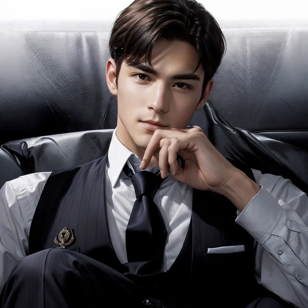 there is a man in a vest and tie sitting down, handsome pose, realistic