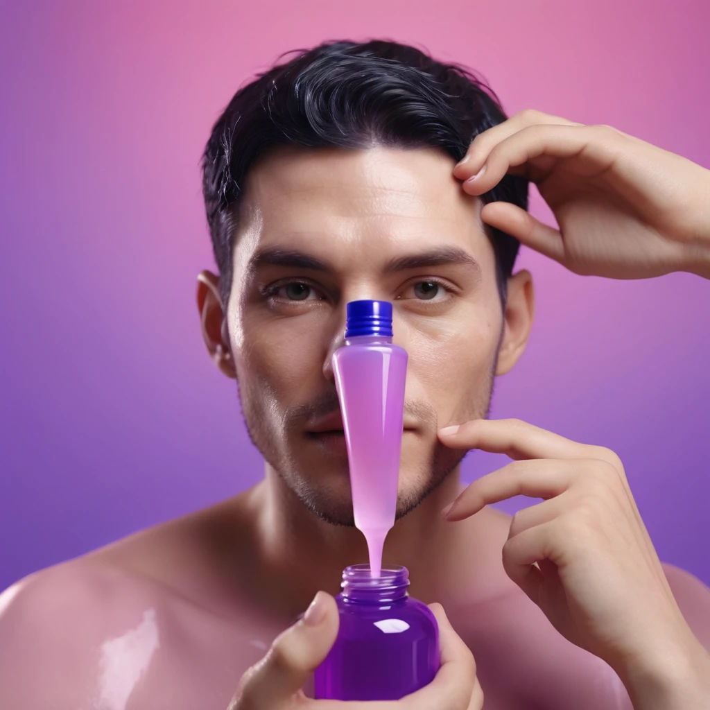 bottle of massage oil in his hand, blackhair white European male hands holding purple bottle of massage oil to her face, that is glowing with pink and purple colours, dripping wet, closeup macro photo, minimalistic, in a light purple and pink style, with soft edges and blurred details, in the toycore style, with a 3D render, on a colorful background, with a minimalist stage design, in a surreal style, with a cinema4D rendering, with a minimalist style, with low saturation, using gradient colors, with a cinema4D rendering, with a blender rendering, with super detail, at a super high resolution, at a super high definition