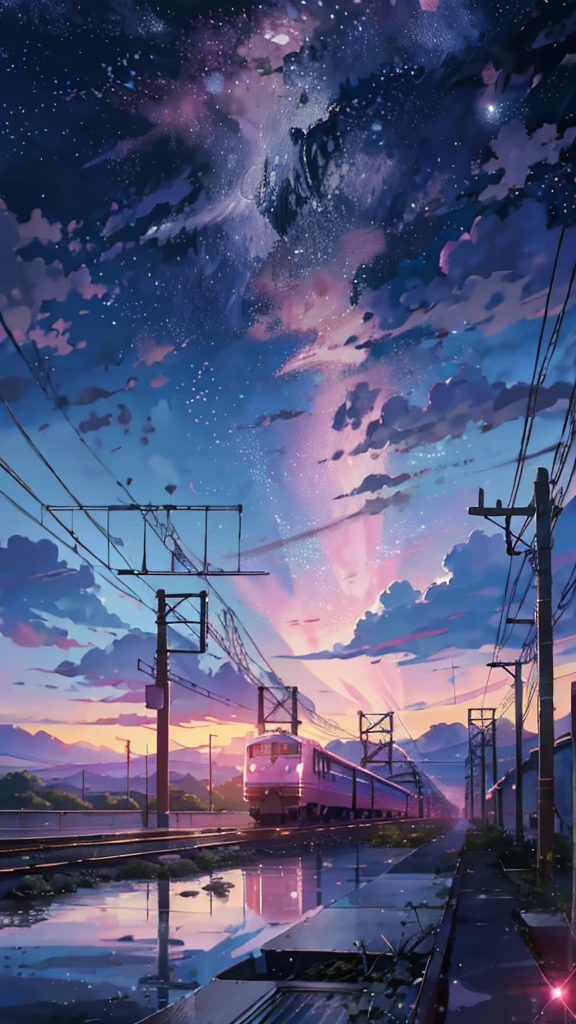 Cartoon train crossing tracks with sky background, A beautiful and harmonious scene, Exquisite animations, Rich details (Width is 672), high quality, Vivid 4K, Artistic 4k wallpapers, Amazing anime scenery, 8k art wallpaper. 3780x8192 pixels