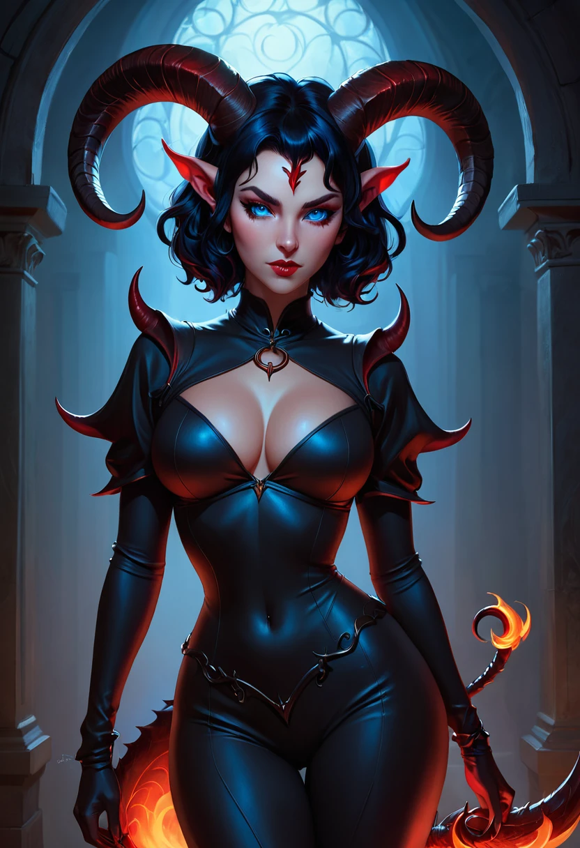 studio portrait of female demon,Tiefling, female, horns,blue eye,short ears,short hair, red skin, dragon horns, , Tiefling, mysterious, black ram horns, black curled horns, curved horns, demon horns, long black hair, rpg, slim waist, wide hips, long legs,artstation trending, high quality, sombre mood, artstation trending, , fantasy, extremely detailed, digital painting, artstation, concept art, smooth, sharp focus, illustration, stunning lighting, art by artgerm and greg rutkowski, curvy woman, mature woman, beautiful and lusty face and body, harmonic face and body, best quality, , unreal motor render, grumpy lighting, glow, bright, mysterious, mystical, magical, rim lighting, vibrant