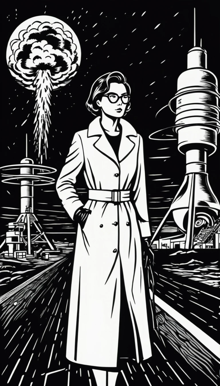 (Black and white woodcut:1.5)、(Second floor in black and white.)、foreground, dark and sinister atmosphere、profile face of a female nuclear scientist, with short hair,  with dark protection googles, wearing long white coat with gloves, Lost look, wearing long skirt , next to an atomic bomb with radiation symbols., Mysterious、