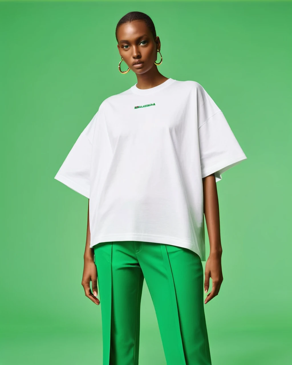 white oversize t-shirt, all green color background,balenciaga concept fashion photo, Paris