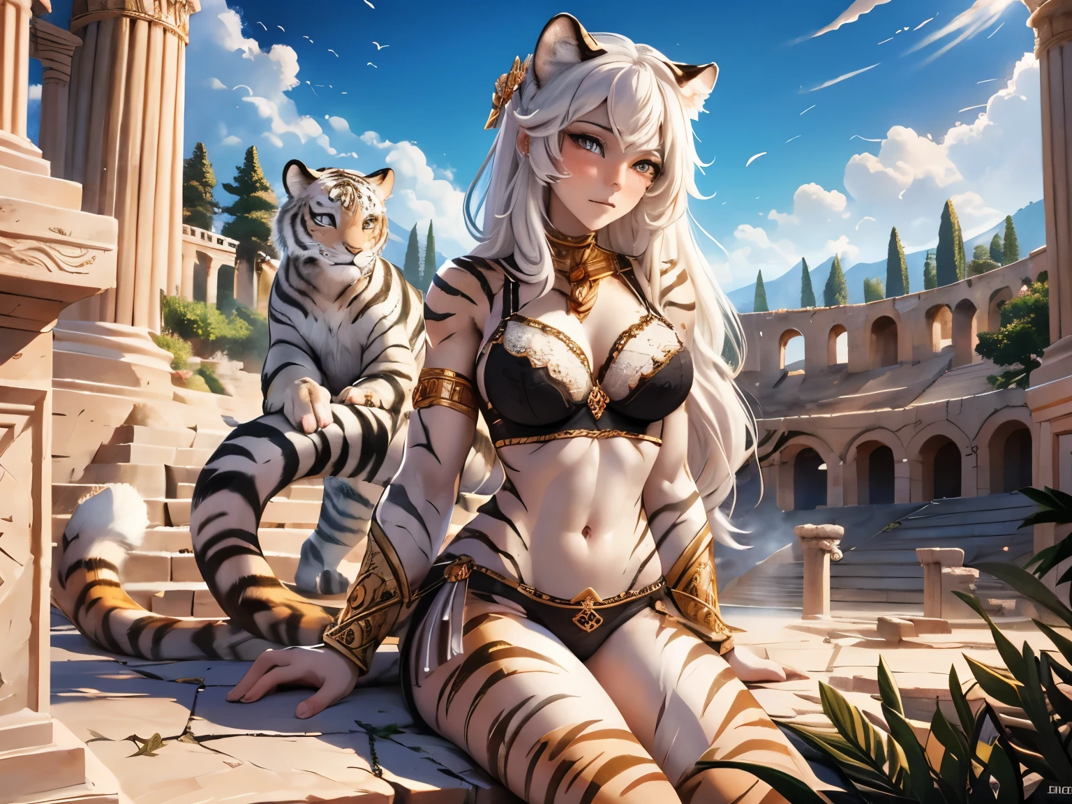 the scene takes place in a Flavian Amphitheater, [Best quality, shadow, extreme detail, very detailed, ultra detailed, complex, realistic, complex and detailed masterpiece of an ancient Greek dream], the dream is of the breed human cats, she is decorated with intricate tiger tattoos, sporting magnificent white fur, dressed in a bra, (accompanied by her faithful white tiger companion),