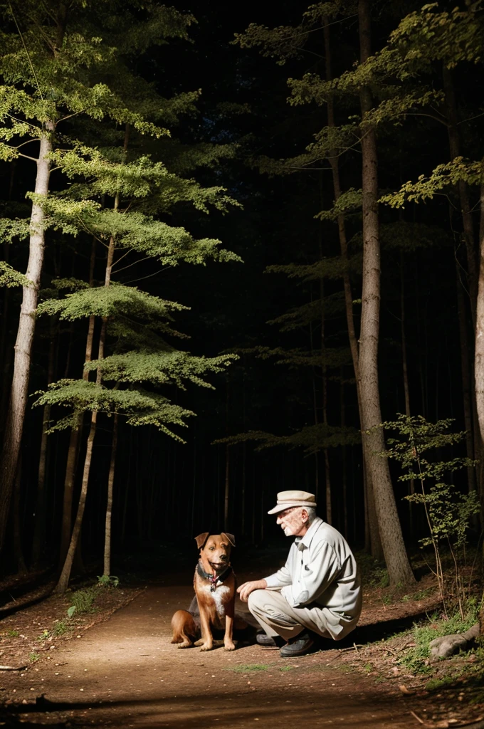 A deep forest 80 years old man sat and one dog also in that forest in night time