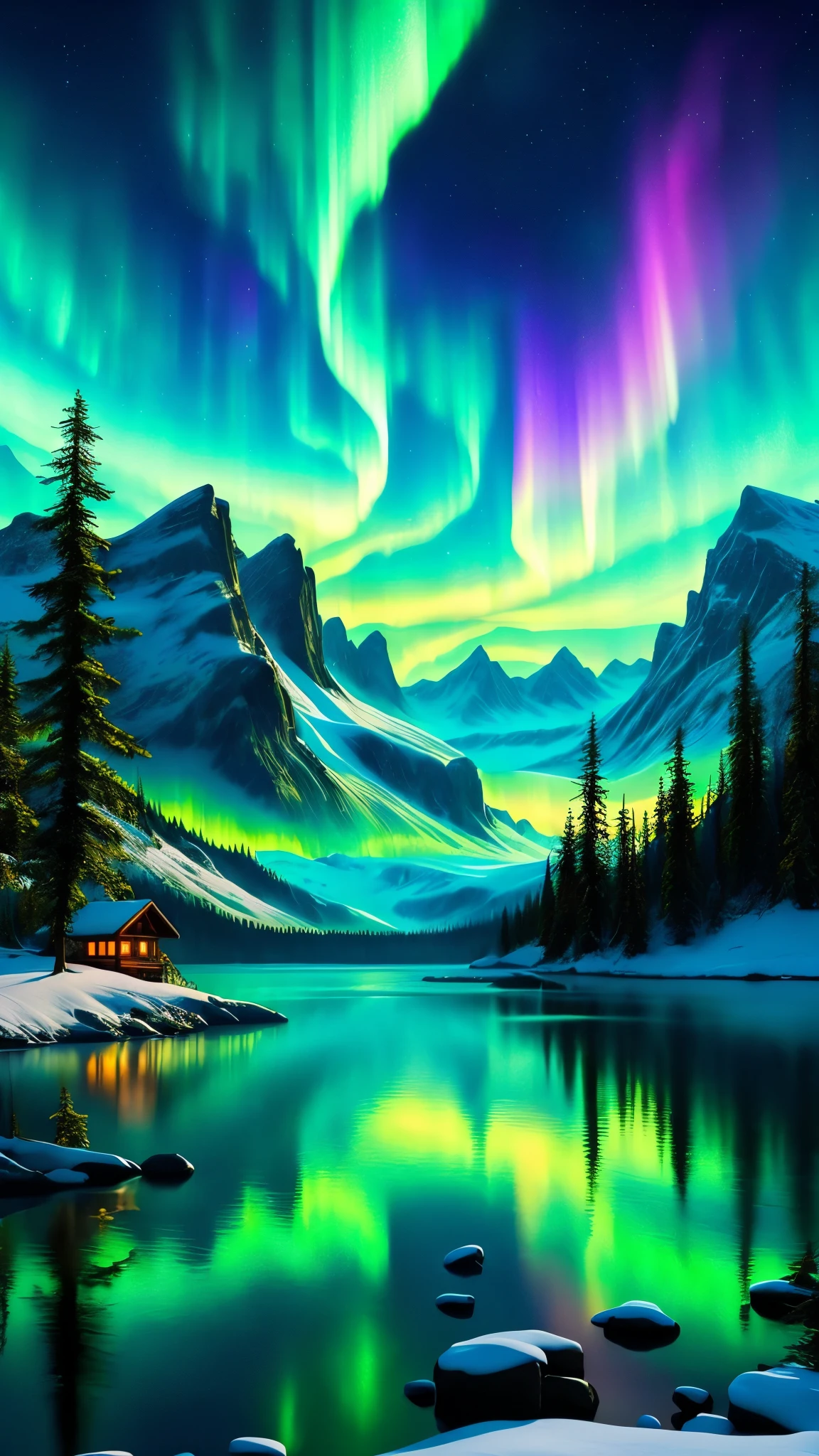 a beautiful aurora bore over a mountain lake with snow and trees, beautiful art uhd 4 k, northern lights, magnificent background, aurora borealis, magical colours and atmosphere, majestic nature scenery, extraordinary colorful landscape, colorful landscape painting, magical colors and atmosphere, scenery artwork, stunning nature in background, breathtaking colors, nature painting, magical landscape, colorful glow