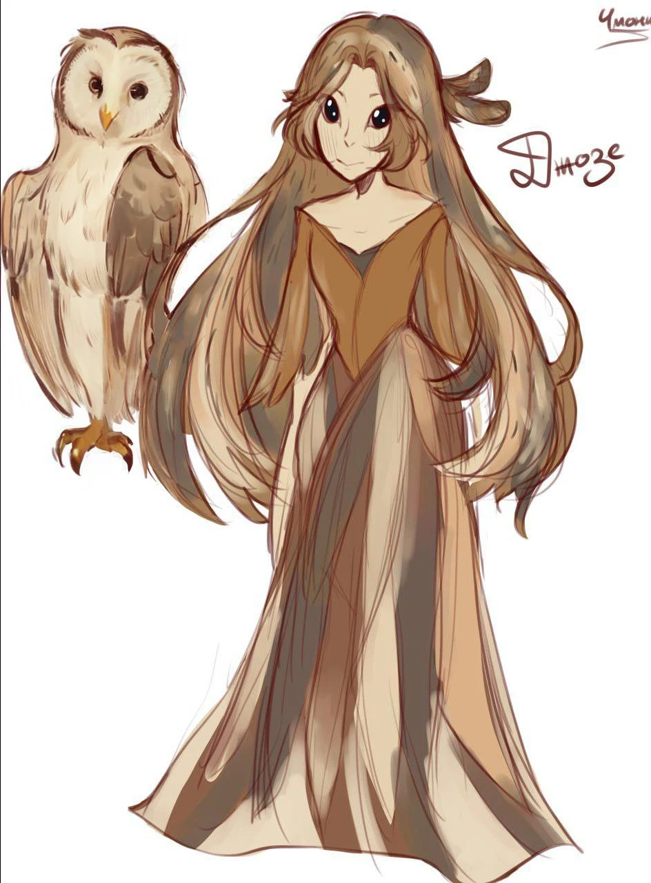 1girl, bird, black eyes, brown dress, brown hair, creature and personification, dress, feathers, full body, long hair, looking at viewer, owl, personification, signature, smile, solo, standing, very long hair, white background, nendroid, pvc figurine