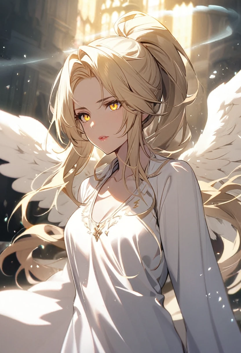 girl, ponytail. white aura, angel,  angel wings, yellow eyes, mature, whita hair , long hair