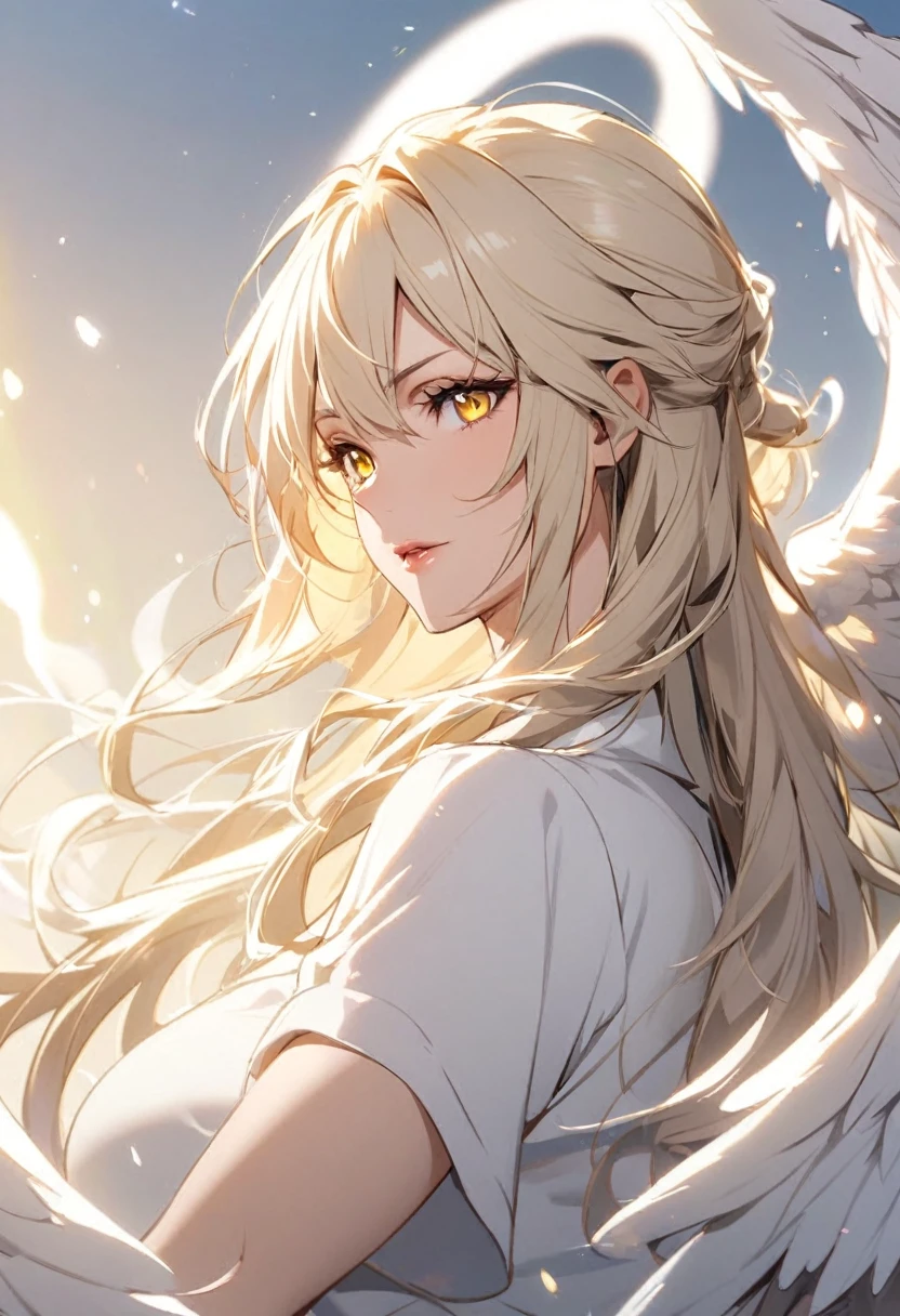 girl, ponytail. white aura, angel, angel wings, yellow eyes, mature, whita hair , long hair