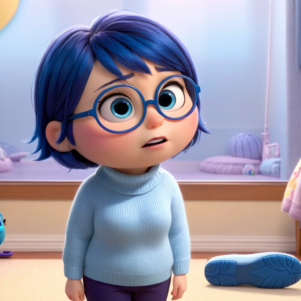 Sadness (a chubby character in the movie "Inside Out" with blue short hair, light blue white long-sleeved turtleneck sweater, navy blue pants and slippers, and dark purple round glasses.) is extremely sad, looking up and recall memories, crying hard, tear up, tear on the cheek, about to cry, sad, wet eyes