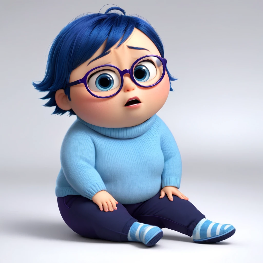 Sadness (a chubby character in the movie "Inside Out" with blue short hair, light blue white long-sleeved turtleneck sweater, navy blue pants and slippers, and dark purple round glasses.) is extremely sad, looking up and recall memories, crying hard, tear up, tear on the cheek, about to cry, sad, wet eyes