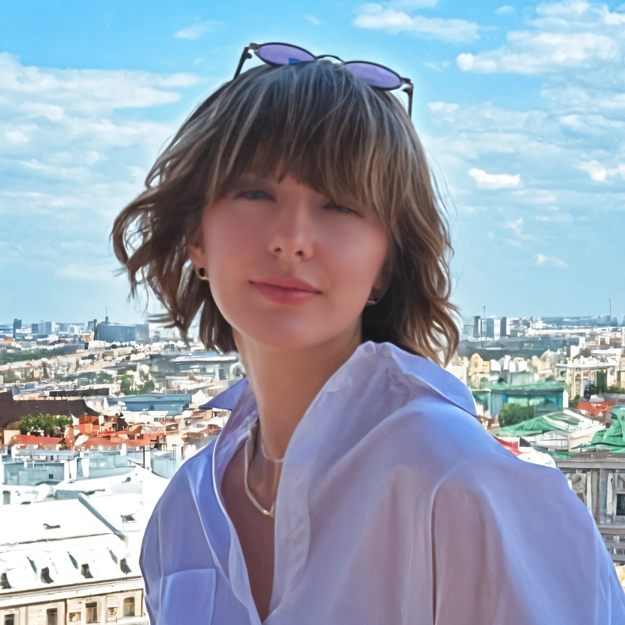 arafed woman with sunglasses standing on a balcony overlooking a city, anastasia ovchinnikova, alina ivanchenko, sofya emelenko, aleksandra waliszewska, anna nikonova aka newmilky, moleksandra shchaslyva, julia gorokhova, anna nikonova, nadezhda tikhomirova, yelena belova