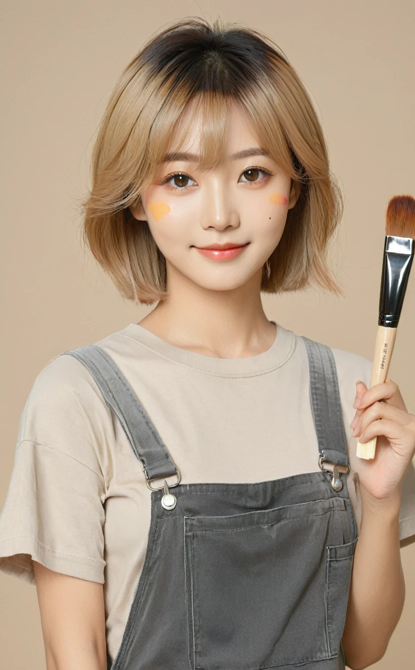 Realistic,Portrait of one young Japanese idol girl with pretty eyes,Upper Body,Pretty blonde Korean bob,indoor,View your audience,Simple beige background,Release your lips,Dark grey tight T-shirt,Beige overalls,In his left hand he holds a palette of paints,Holding a brush in his right hand,Popular Korean makeup,Confident,smile,photoRealistic,