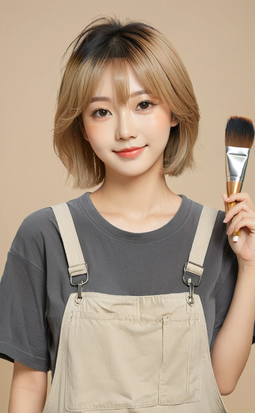 Realistic,Portrait of one young Japanese idol girl with pretty eyes,Upper Body,Pretty blonde Korean bob,indoor,View your audience,Simple beige background,Release your lips,Dark grey tight T-shirt,Beige overalls,In his left hand he holds a palette of paints,Holding a brush in his right hand,Popular Korean makeup,Confident,smile,photoRealistic,