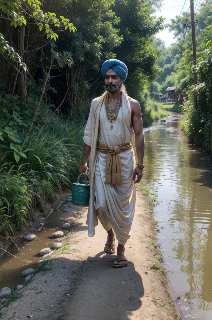 "A traditional Indian water carrier in a rural village setting, walking along a dirt path with lush greenery and a serene river in the background. He is balancing two large, ornate clay pots on a wooden pole across his shoulders. The man wears traditional Indian attire, including a turban and a simple dhoti, and the scene is bathed in the golden light of early morning."