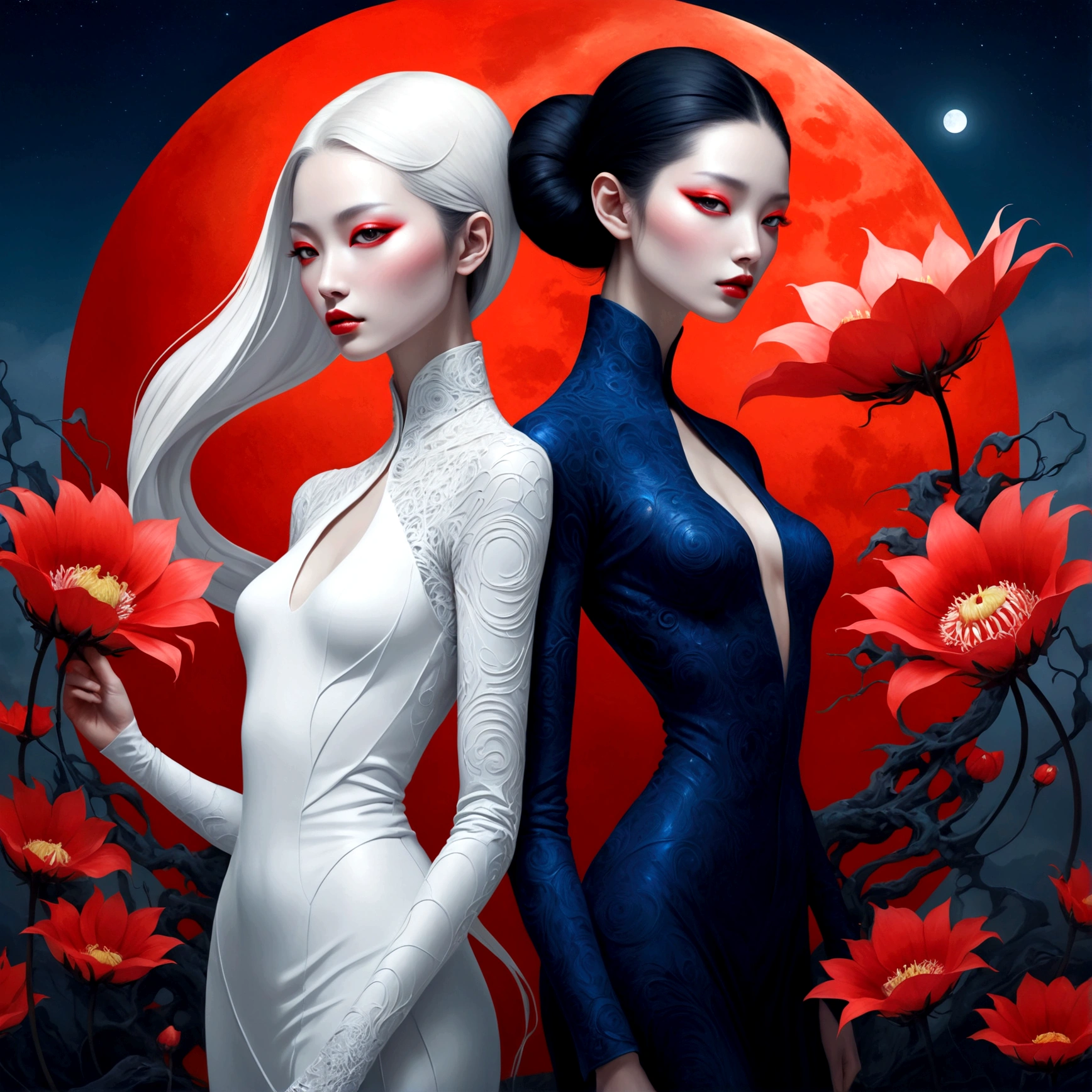 A mesmerizing digital painting captures the essence of two otherworldly creatures, with porcelain skin and strong spots, which form a striking contrast. They symbolize the good in white and the evil in black. in yin yang style The creature is in a modern, dressed in stylish clothing, that exudes elegance, while standing gracefully amidst a radiant field of bright red moonflowers. The harmony of the twilight and midnight blue tones in the background creates a dreamy, surreal atmosphere. Wire structures and disco-core fashion elements evoke a post-apocalyptic, futuristic atmosphere, while the creature’s hyper-realistic details draw the viewer into its captivating, mystical world.