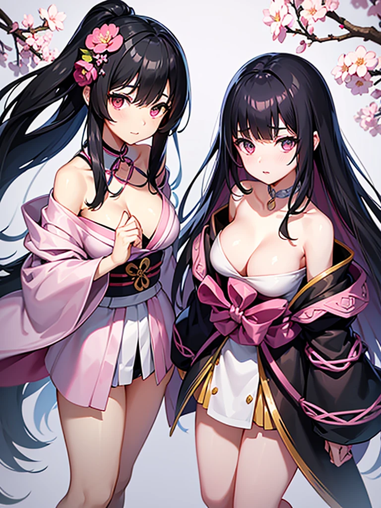 best quality, character design sheet, adult woman、No hat on, Black and pink hair, whole body, Head to Toe, Fortuneteller、Standing facing forward, Beautiful black dress, long Black Hair, Pure white background, from front, best quality, Cherry blossom pattern、Japanese、Adult Japanese、Clear eyes、Standing facing forward、The face is facing forward、holding a magic card in hand、White background、Black western dress、Neutral face、Black hair with pink inner color