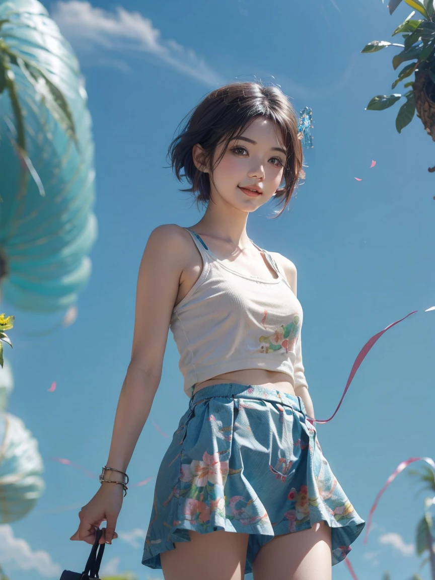 cute young short hair girl chilling around the city, the sky are blue and very happy joyful day, she is wearing a modern shirt with cute flower skirt, soft color