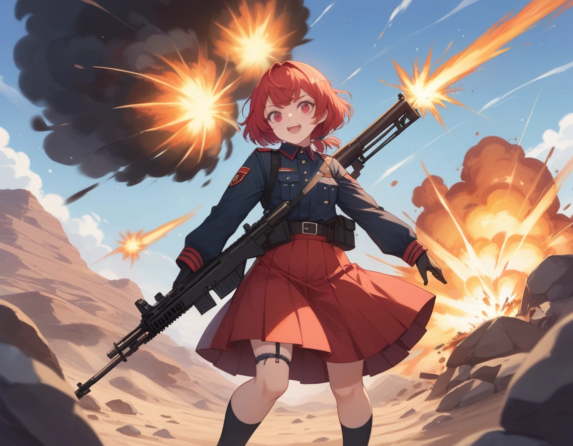 Small breasts、A platoon of girls in bright red military uniforms and long red skirts、Red military uniform and red long skirt、Panty shot、Cute snow-white underwear、garter belt、A pair of girl platoon leaders and soldiers equipped with two assault rifles、desert、Black powder explosion on the ground behind、Big Explosion、A big uproar、Destroy a Tank