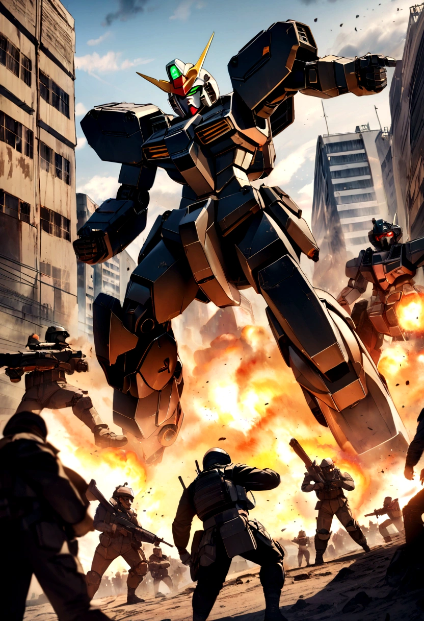 (masterpiece), best quality, expressive eyes, perfect face, perfect body, perfect arms, perfect legs, perfect hands 4k quality a male tech soldier dressed in black and red techwear shooting on a battlefield, at war, with mechas (gundam) (Armored Core) mechs flying in the air over the battlefield, (action sequence,) In a (fight scene) a of high tech hooded woman in an all black jumpsuit and black high heels orange visor and black facemask outfit the camera is a medium shot, wide angle with an anamorphic lens, setting is a hyper futuristic high tech megacity, with buildings exploding and on fire in the background, hi res, ultrasharp 8K high quality, movie, anime, gunfight, large scale battle, ground forces, soldiers, multiple soldiers fighting on a futurist battlefront, large scale war in background, military vehicles