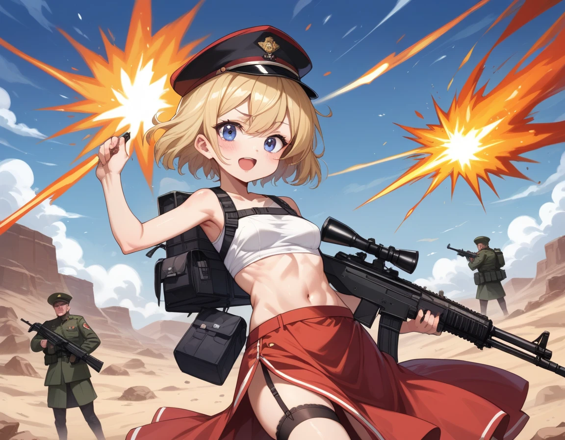 Small breasts、A platoon of girls in bright red military uniforms and long red skirts、Red military uniform and red long skirt、Panty shot、Cute snow-white underwear、garter belt、A pair of girl platoon leaders and soldiers equipped with two assault rifles、desert、Black powder explosion on the ground behind、Big Explosion、A big uproar、Destroy a Tank