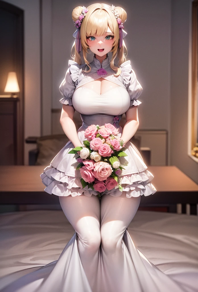 30 years old,1 mature woman,hyperrealistic, 8k, (extremely detailed 8k), (very delicate and beautiful), (masterpiece), (better quality:1.0), (ultra high resolution:1.0), (masterpiece, best quality), cute,blonde,cleavage cutout,(broen dress:1.3),(crop top navel:1),gleaming skin,twintails,twin bun,a pink ribbon on the head,long hair,pastel green chinese maid dress,pastel green chinese dress,white long gloves,hold a bouquet of flowers,face and body straight at the camera,a bunch of flowers,POV,bust shot,white frill,puffy sleeves,laugh with open mouth,tareme,sky blue eyes,short truffle half apron,a gold buckle,white corset