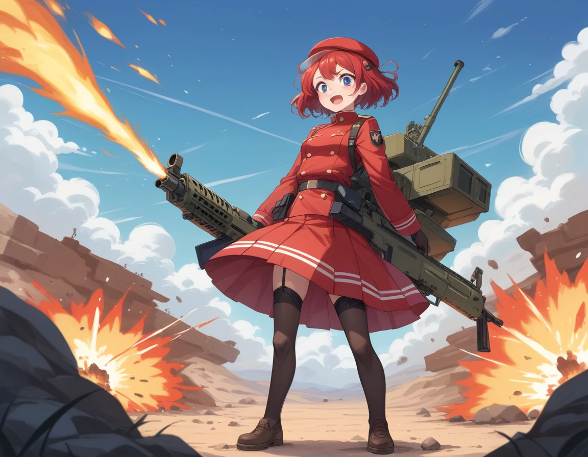 Small breasts、A platoon of girls in bright red military uniforms and long red skirts、Red military uniform and red long skirt、Panty shot、Cute snow-white underwear、garter belt、A pair of girl platoon leaders and soldiers equipped with two assault rifles、desert、Black powder explosion on the ground behind、Big Explosion、A big uproar、Destroy a Tank