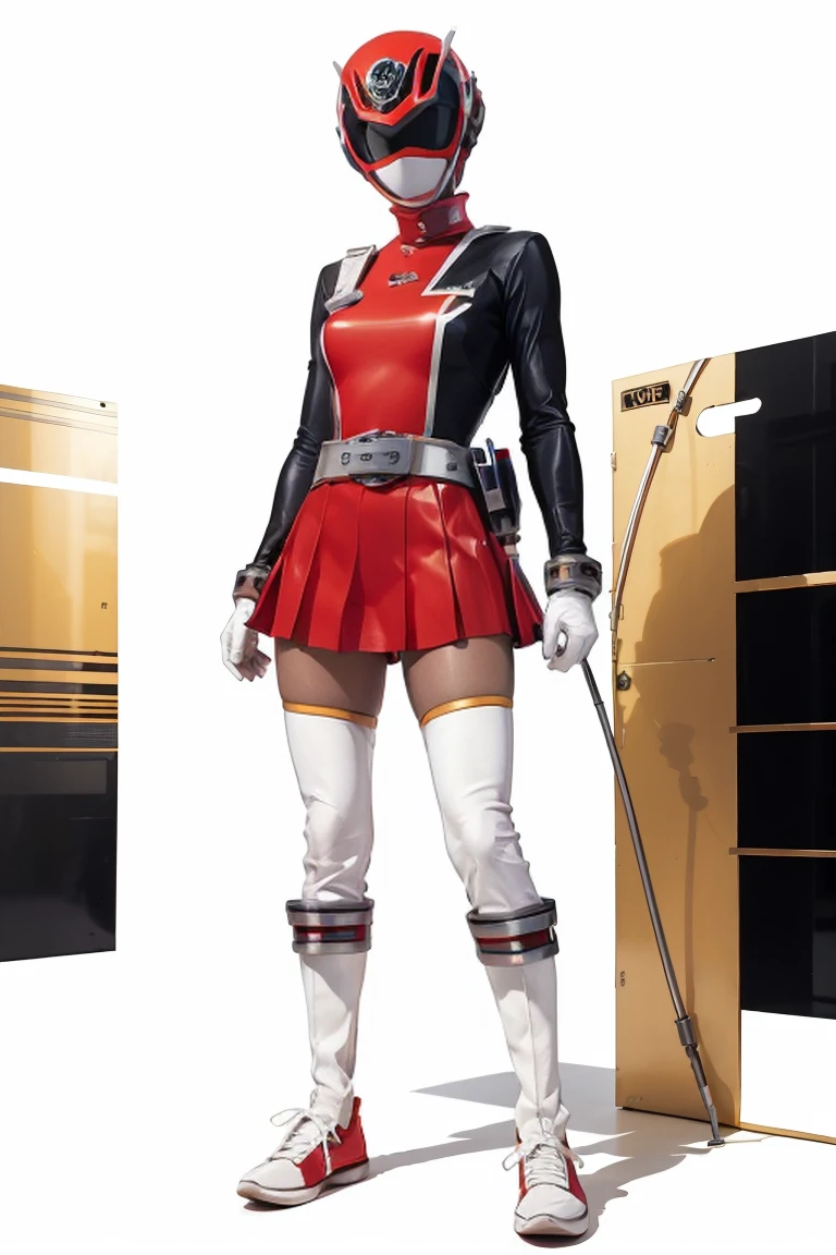 masterpiece, best quality, genny, hairband, red sweater, frilly white skirt, sneakers, standing, looking at viewer power suit, powerranger, suit, spd, (Power ranger suit), gold detail, masked,
